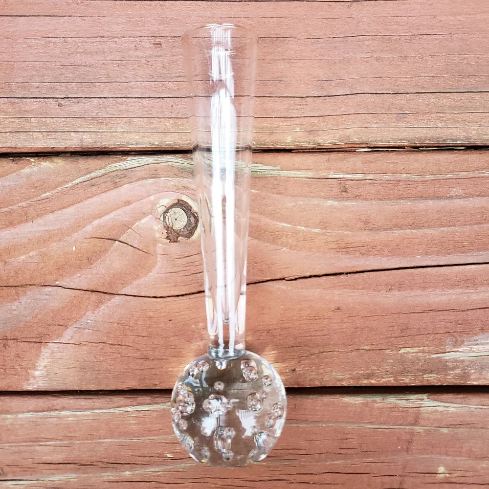 VTG SMALL Clear Glass Bud or Flower Vase W/ Bubble Filled Ball Base - 5.5